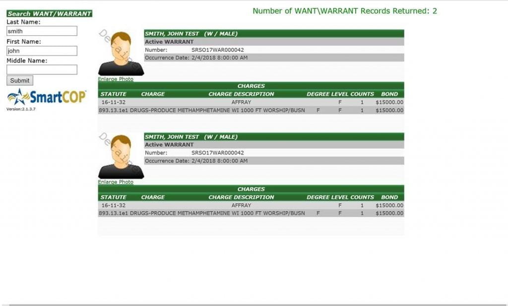 Screenshot of search results for active wants and warrants.