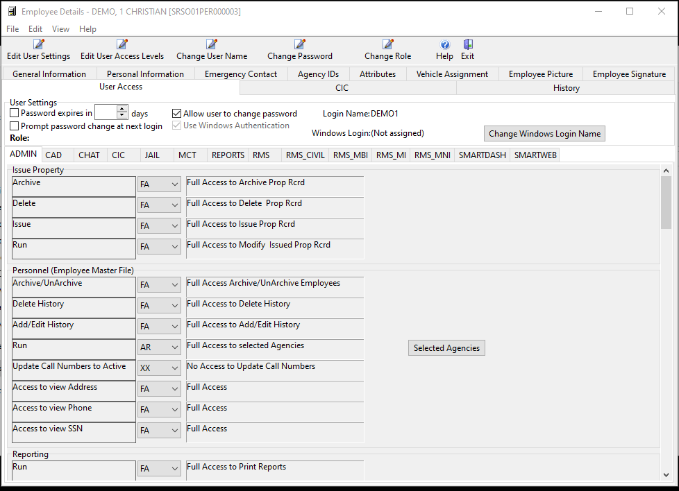 Screenshot showing the employee master files where user access levels are assigned.