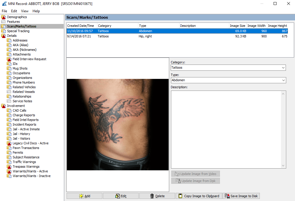 Screenshot showing an image of a tattoo in SmartCOP's Master Name Index.