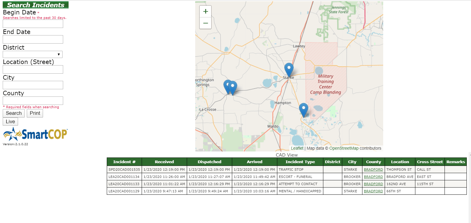 Screenshot of SmartWEB showing current incidents that an agency is working on along with the incident location on the map