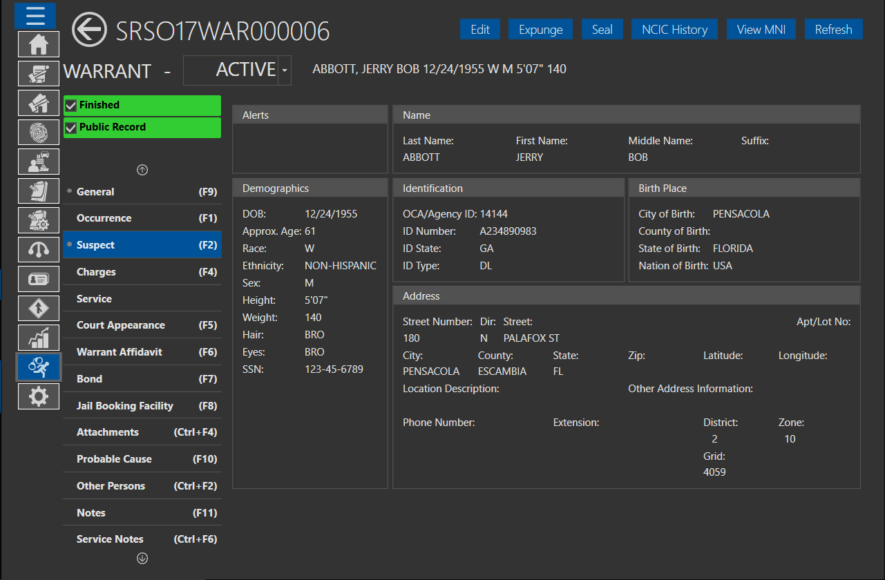 Screenshot of an active warrant in SmartCOP's RMS software.