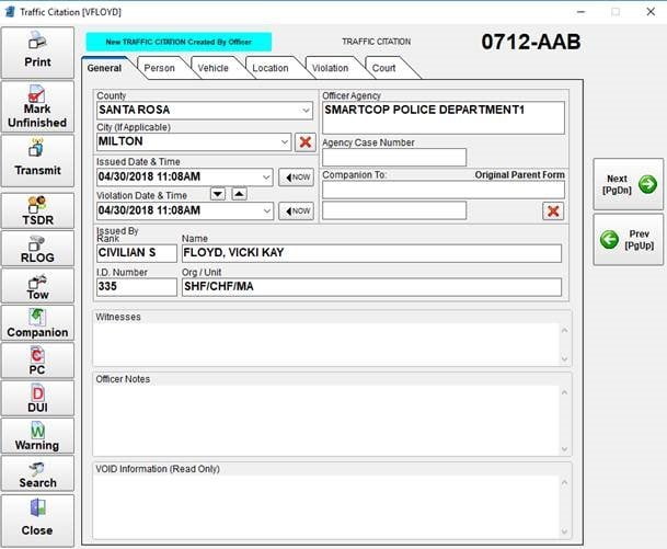 Screenshot of a traffic citation created in SmartCOP's mobile software.