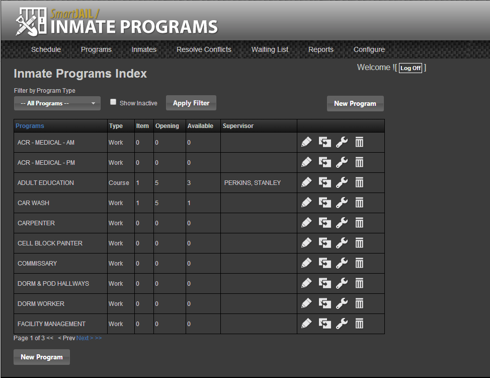 Screenshot of an index of inmate programs offered by a jail in SmartCOP's jail management system.