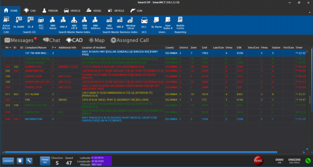 Screenshot showing all active calls on SmartCOP's mobile computing software.