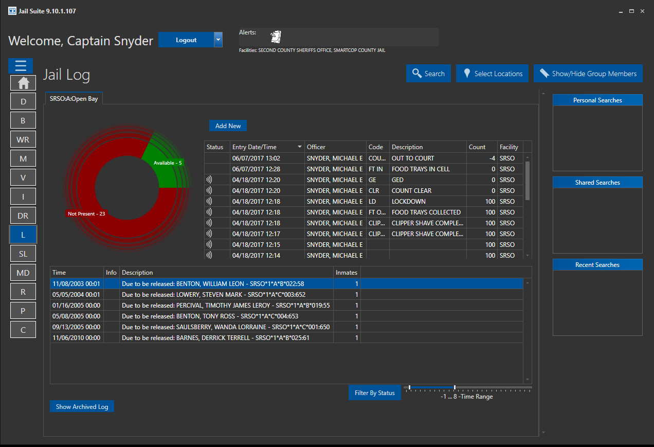 Screenshot showing the jail log in SmartCOP's jail management system.