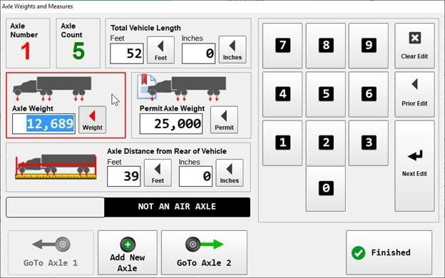 Screenshot of axle weight and measurements report type used by commercial law enforcement.