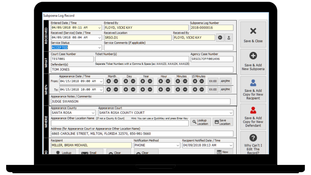 SmartCOP’s Subpoena Log allows agencies to efficiently receive, track, and report on officer subpoenas.