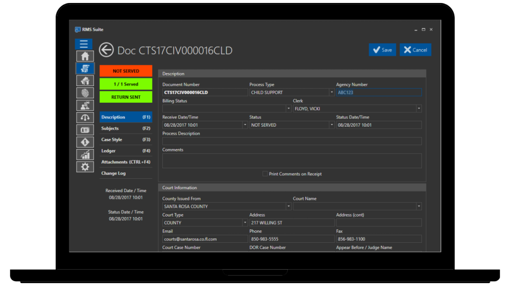 SmartCOP's Civil Process module allows agencies to track open and closed reports, as well as defendants, witnesses, plaintiffs, and subjects to serve.