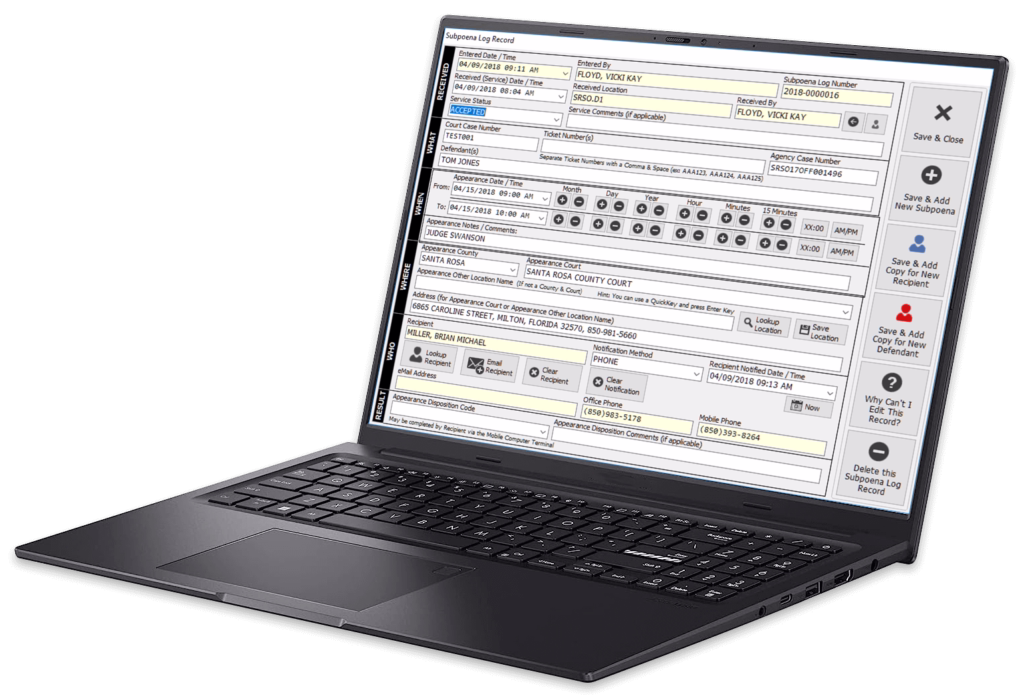 SmartCOP’s Subpoena Log allows agencies to efficiently receive, track, and report on officer subpoenas.