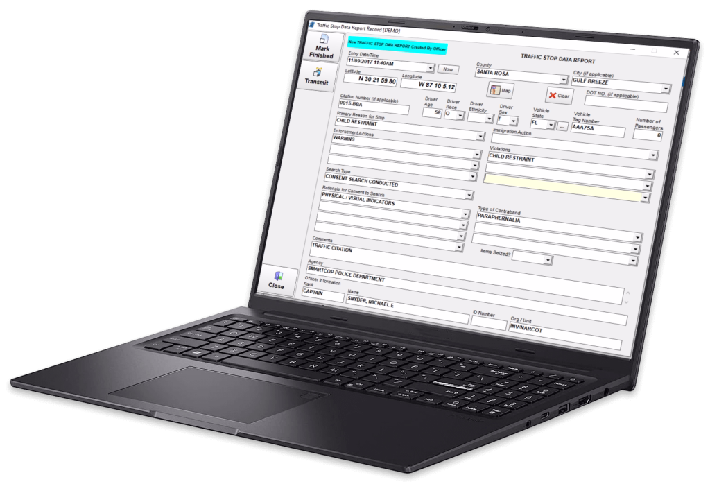 SmartMOBILE supports a variety of traffic enforcement reports, including: E-Citation, Traffic Citations, DUI Citations, Traffic Warnings, E-Crash Traffic Crash Reports (MMUCC compliant)